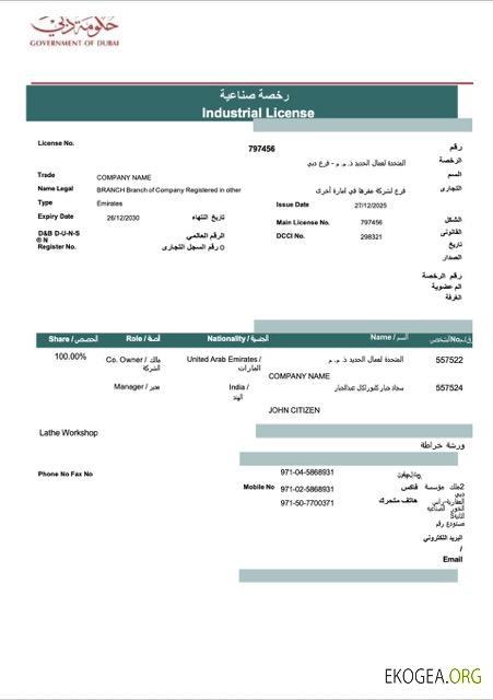 Modèle Word et PDF de licence industrielle des Émirats arabes unis à Dubaï
